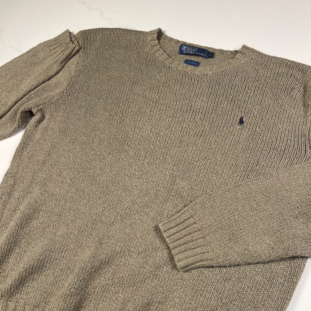 Polo Ralph Lauren Sweater Mens Large Tan Khaki Cotton Knit Crewneck Pony Logo